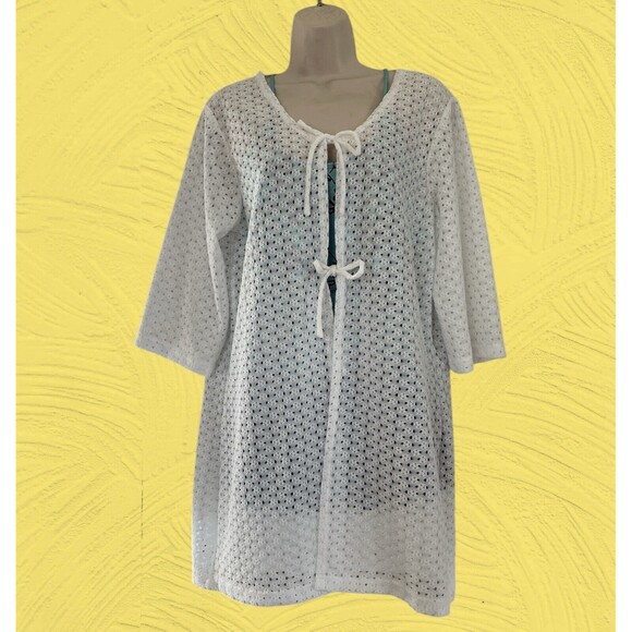 ANNE COLE White 2 Tie Front Tunic Length Beach Swim Cover Up Size XXXL Vacation - Picture 11 of 12